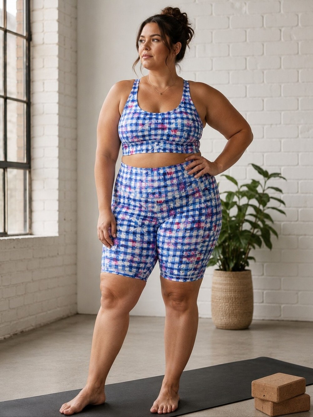 Penningtons Active Zone Plus-Size 0X: Blue Gingham Pink Floral 2pc Set